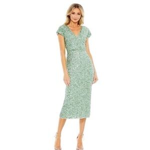 NWT Mac Duggal Sequined Short Sleeve Wrap Over Cocktail Dress‎ Sage Sz 4 $298